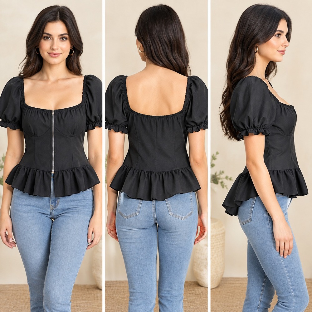 NWT Missguided Zip-Front Peplum Blouse Top Womens 18 Black Corset Puff Sleeve